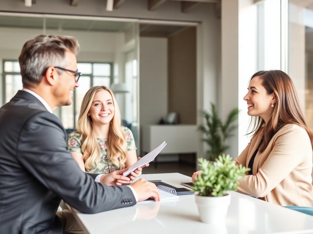 A loan advisor meeting with a happy couple in a modern office