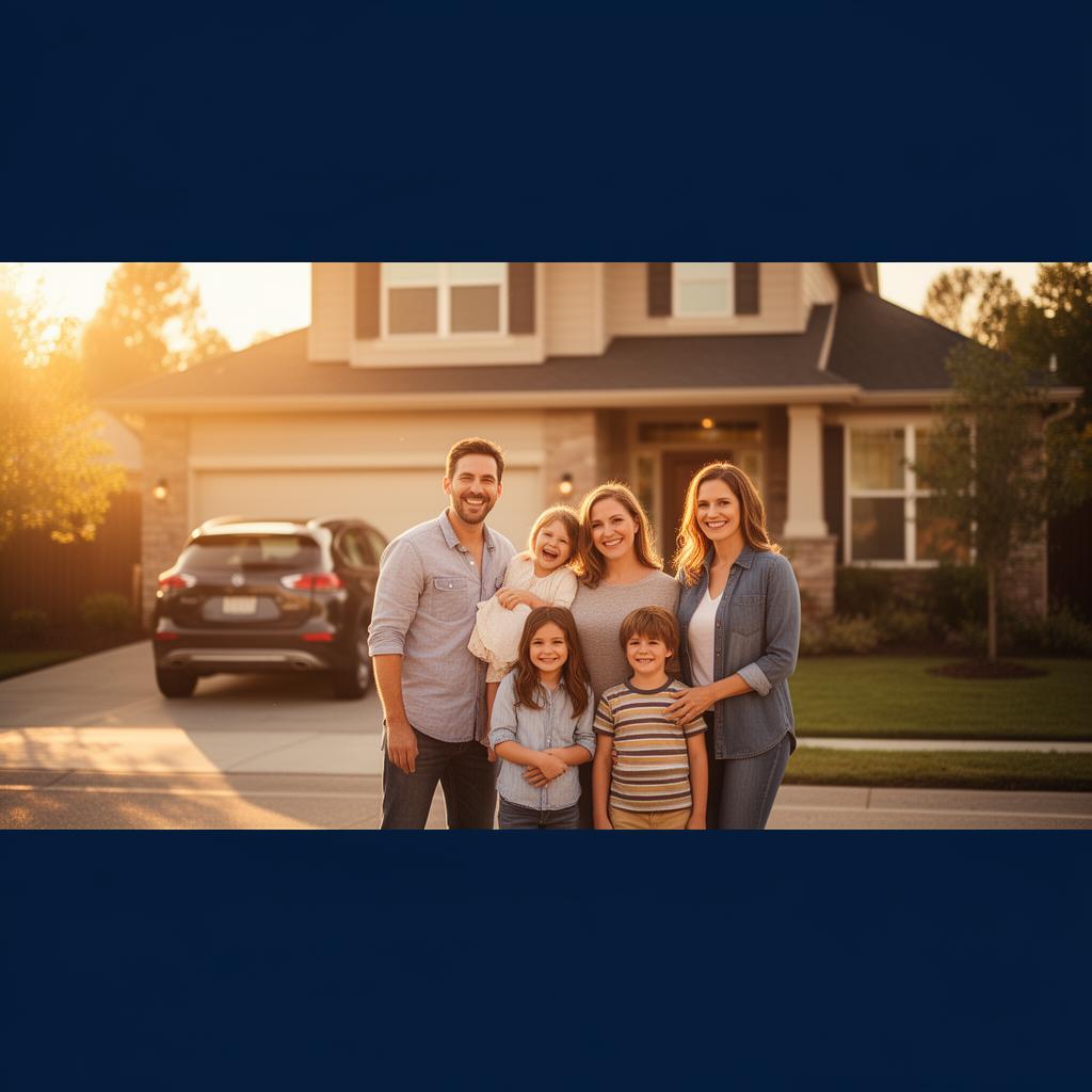 A happy family in front of their new home and car